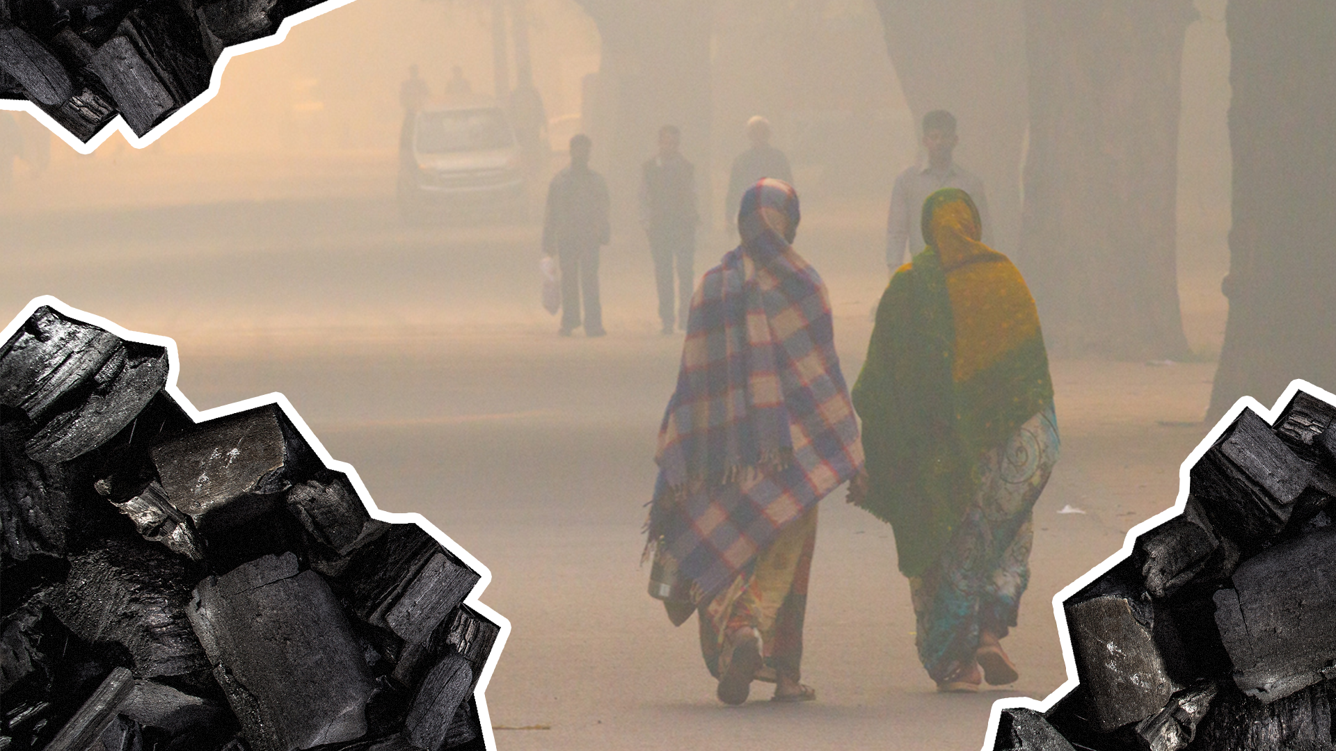 A graphic showing two women walking in smog