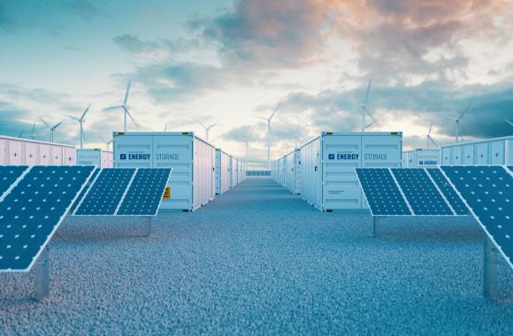 large-scale batteries in cargo containers amid solar panels and wind turbines