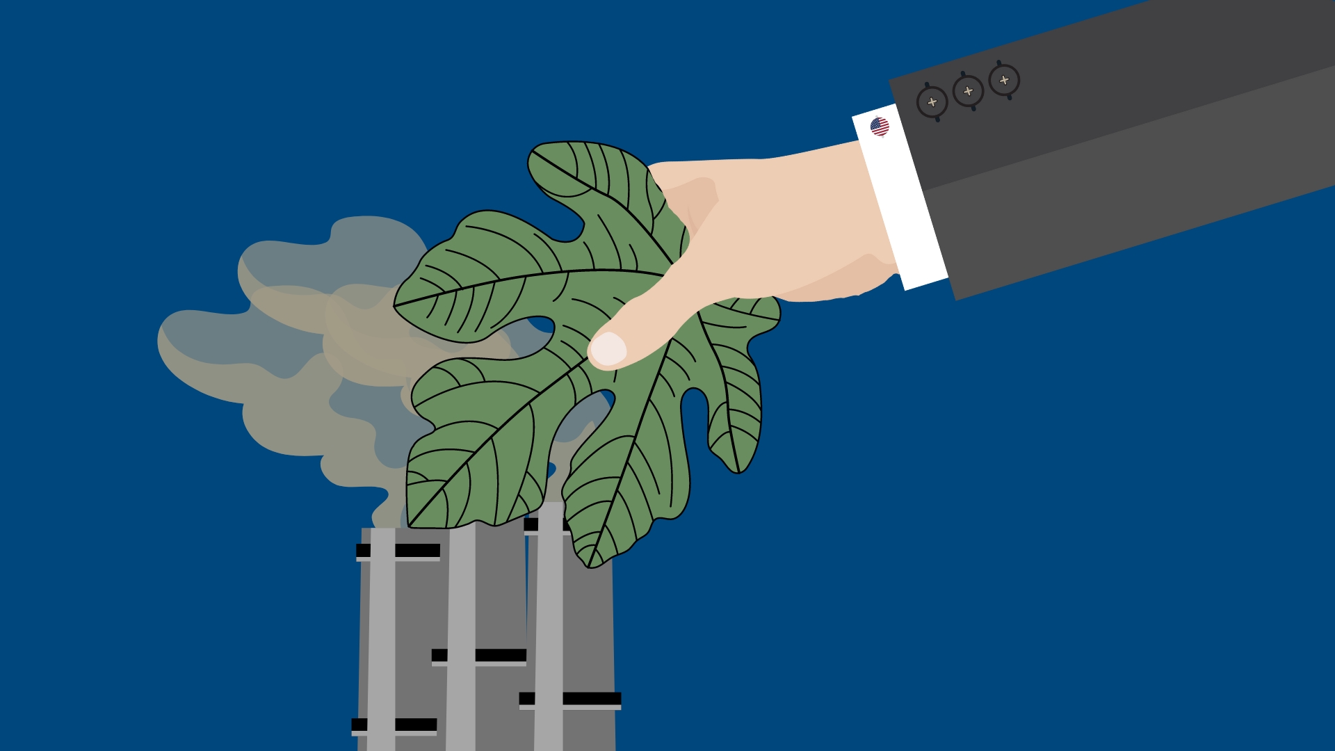 A hand with an American flag cuff link holds a fig leaf over the pollution from a smokestack