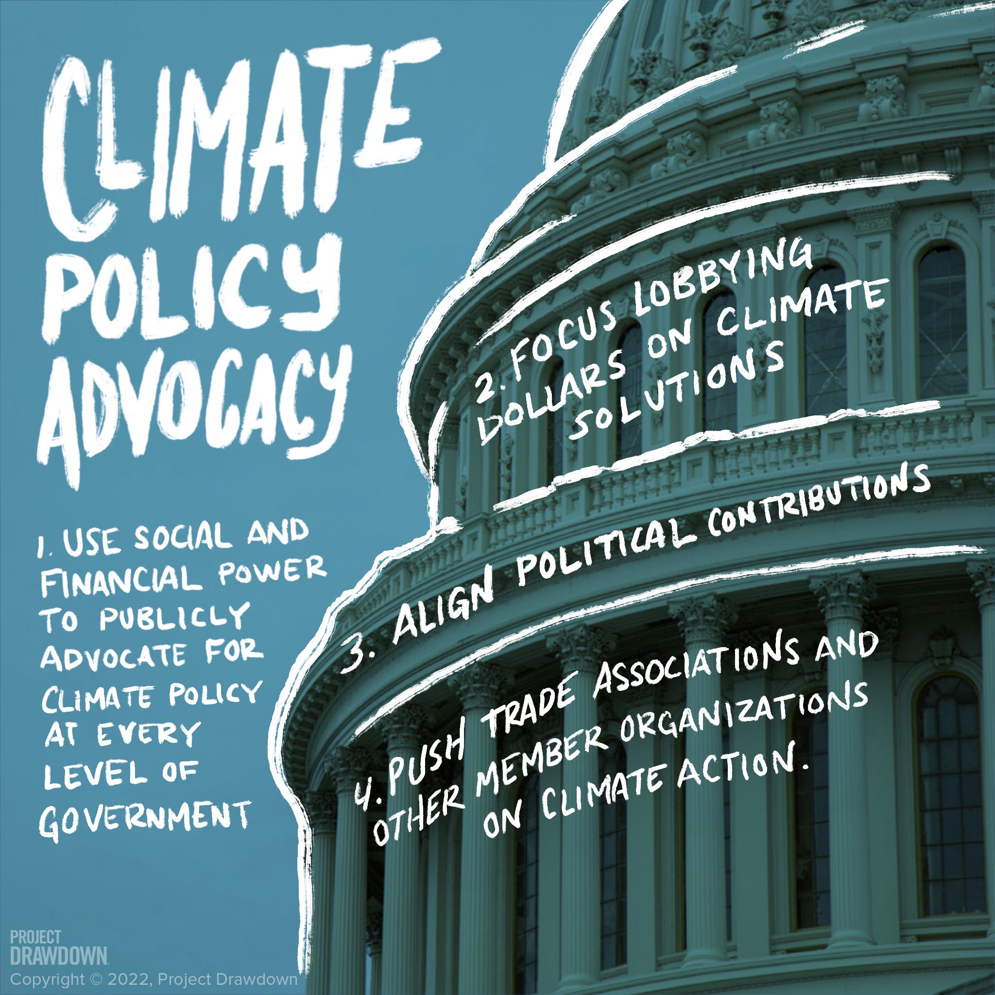 Titled: Climate Policy Advocacy, background image of the White House dome.