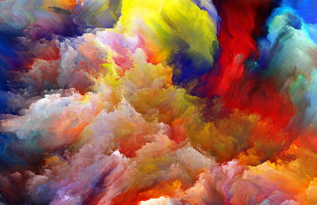 Colorful abstract painting with many bright colors forming dynamic cloud shapes.