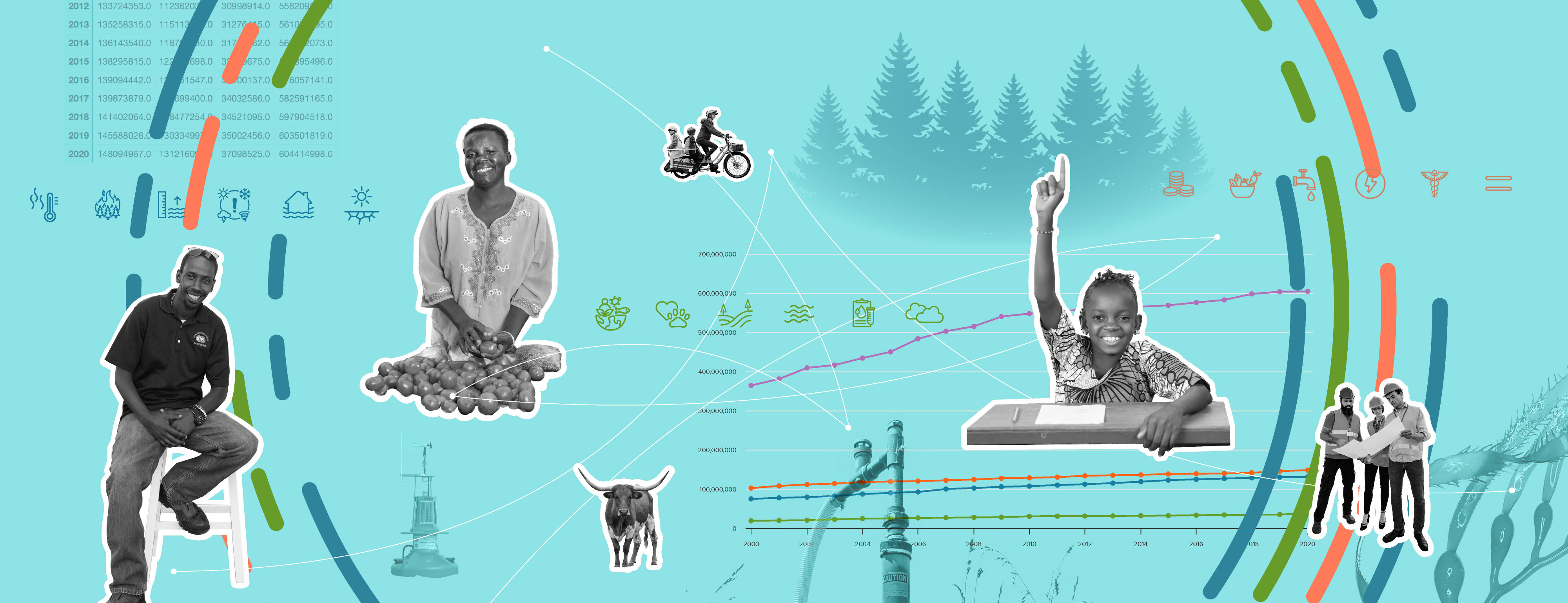 Collage illustration with photos and scientific data charts and icons