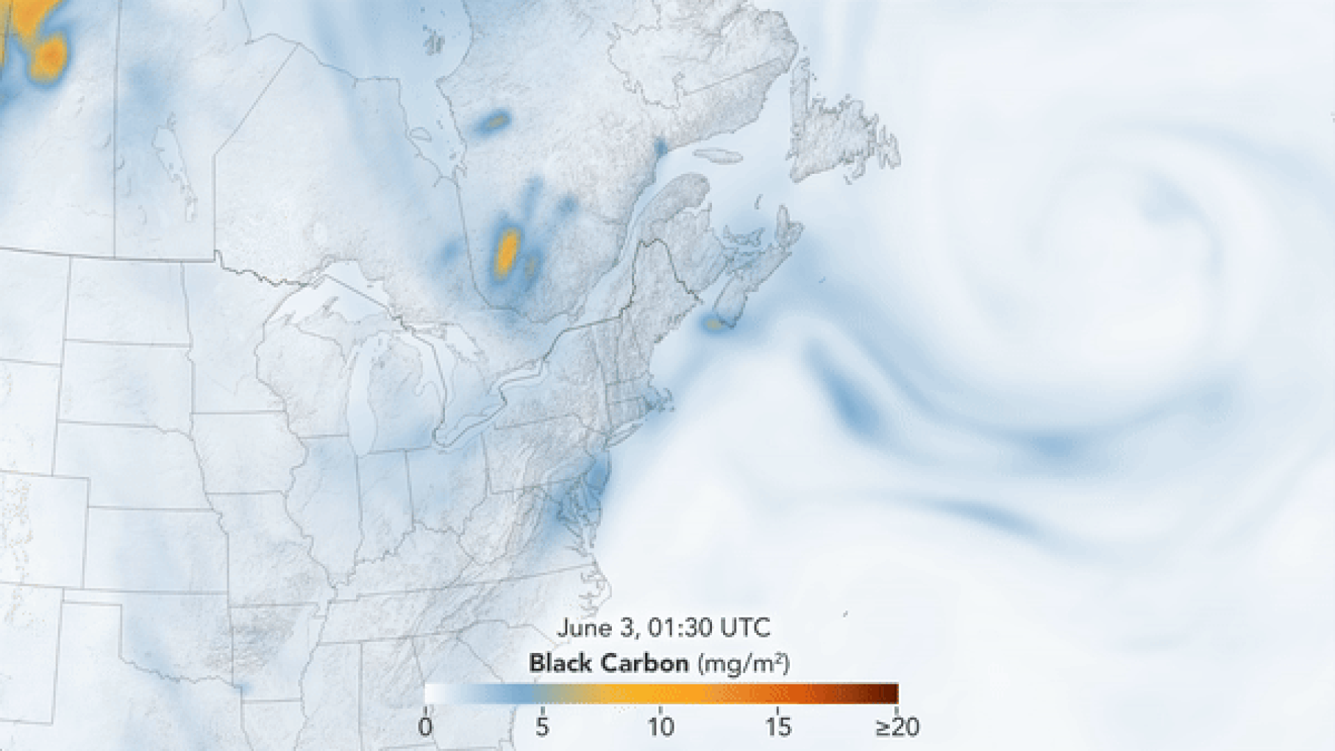 An animation of black carbon in the US after the Canadian wildfires of 2023