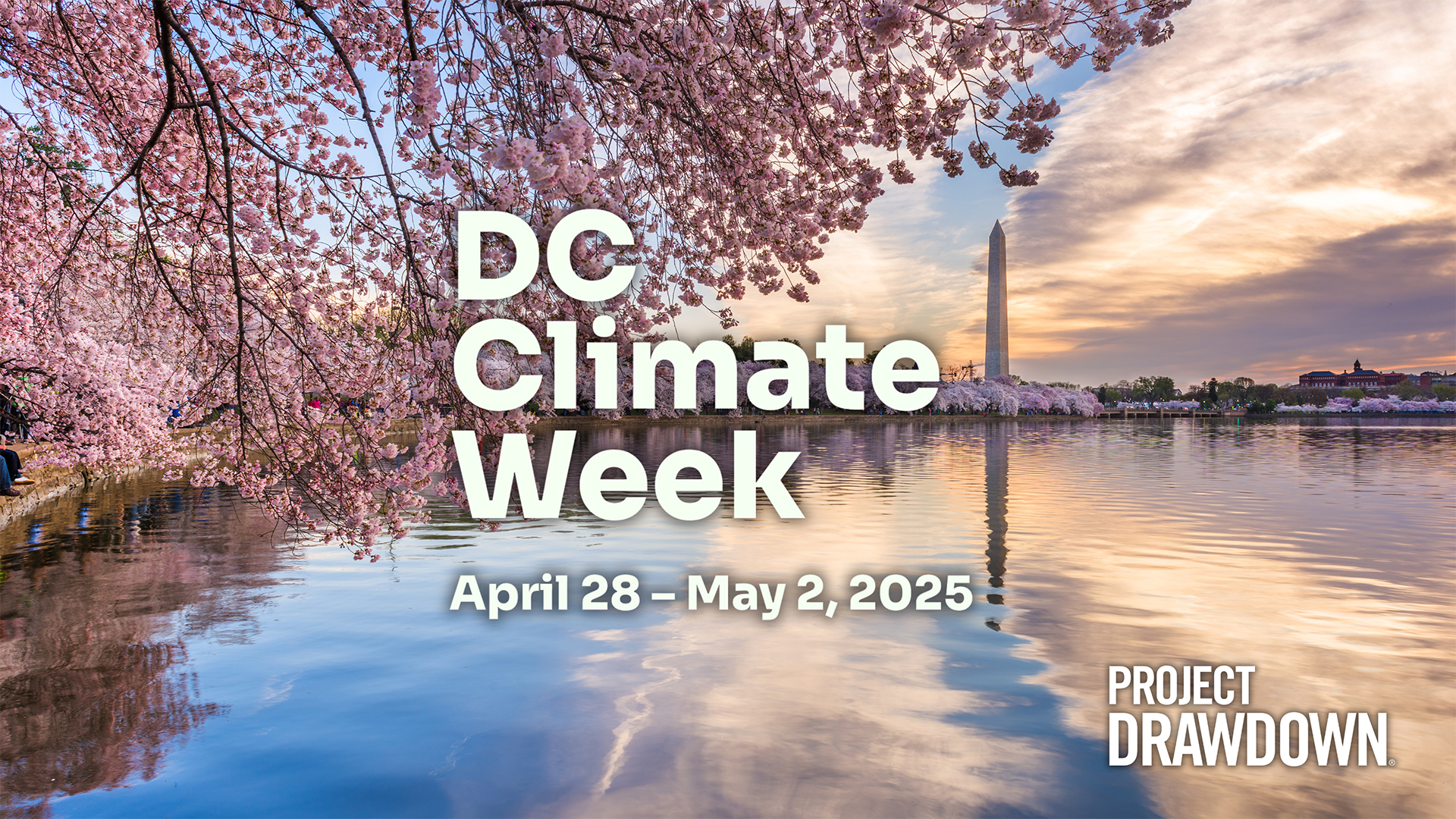 A graphic with cherry blossoms in Washington D.C. that reads "DC Climate Week April 28–May 2, 2025"