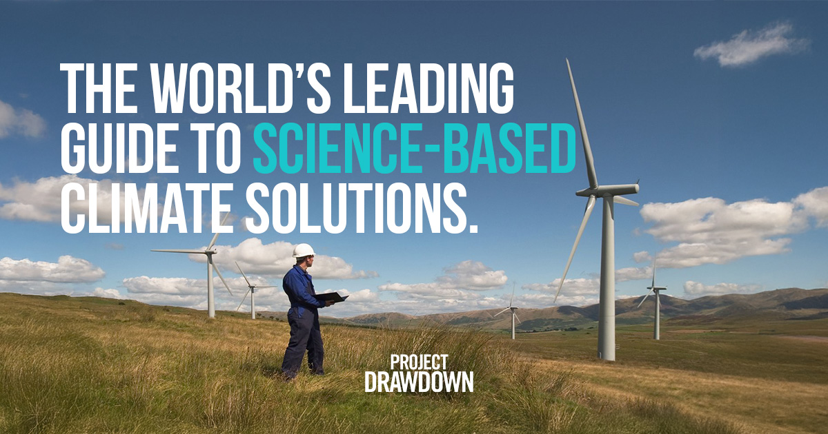 An image of a technician surveying windmills with a text overlay that reads 'The World's Leading Guide to Science-Based Climate Solutions'