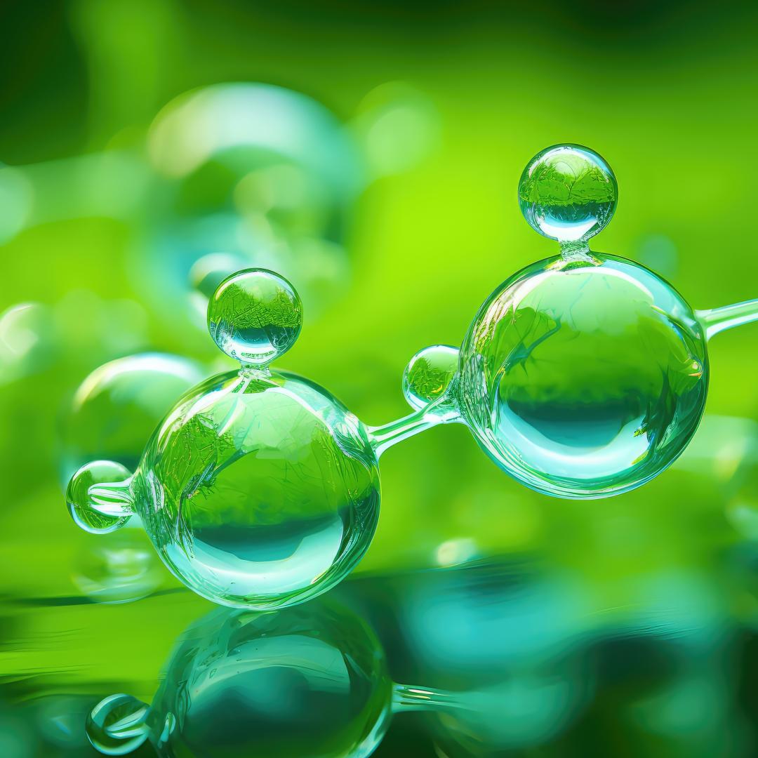 A graphic of a clear bubble in the form of a molecule with a green background