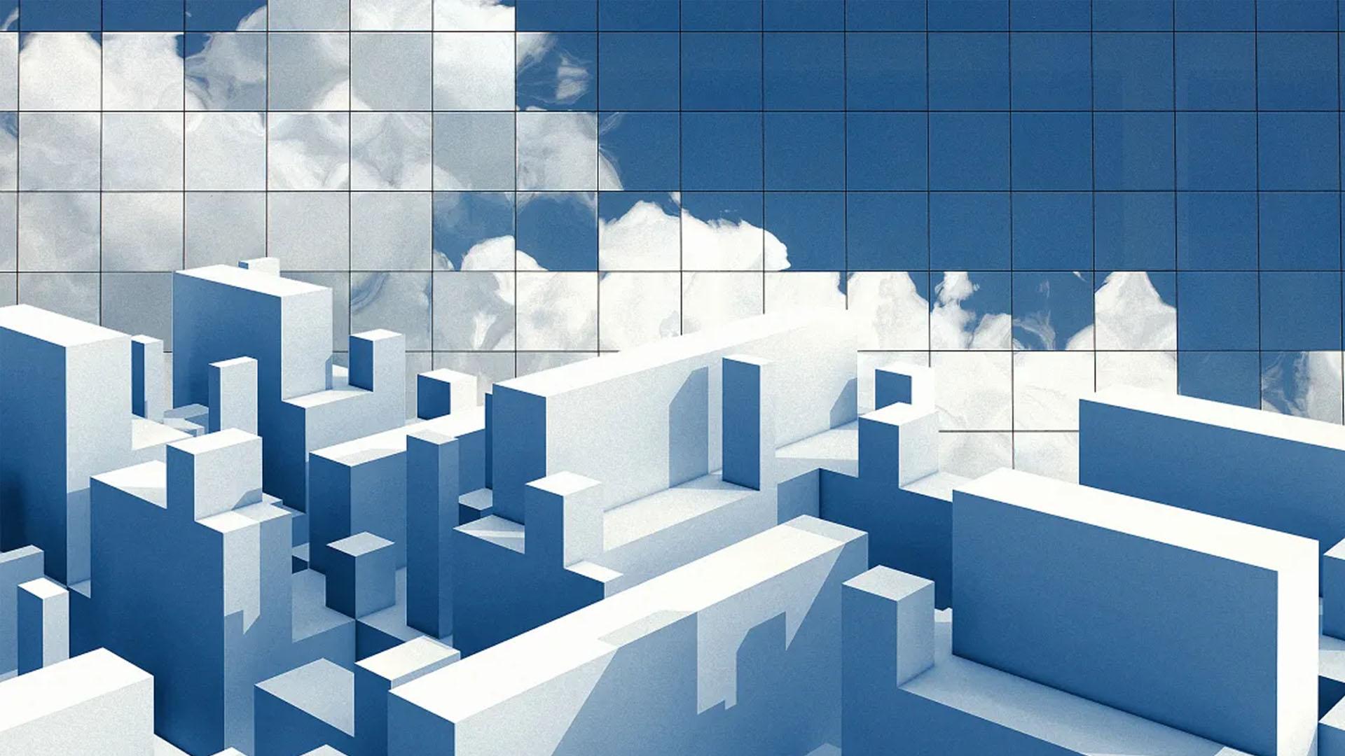 Photo illustration of buildings & clouds