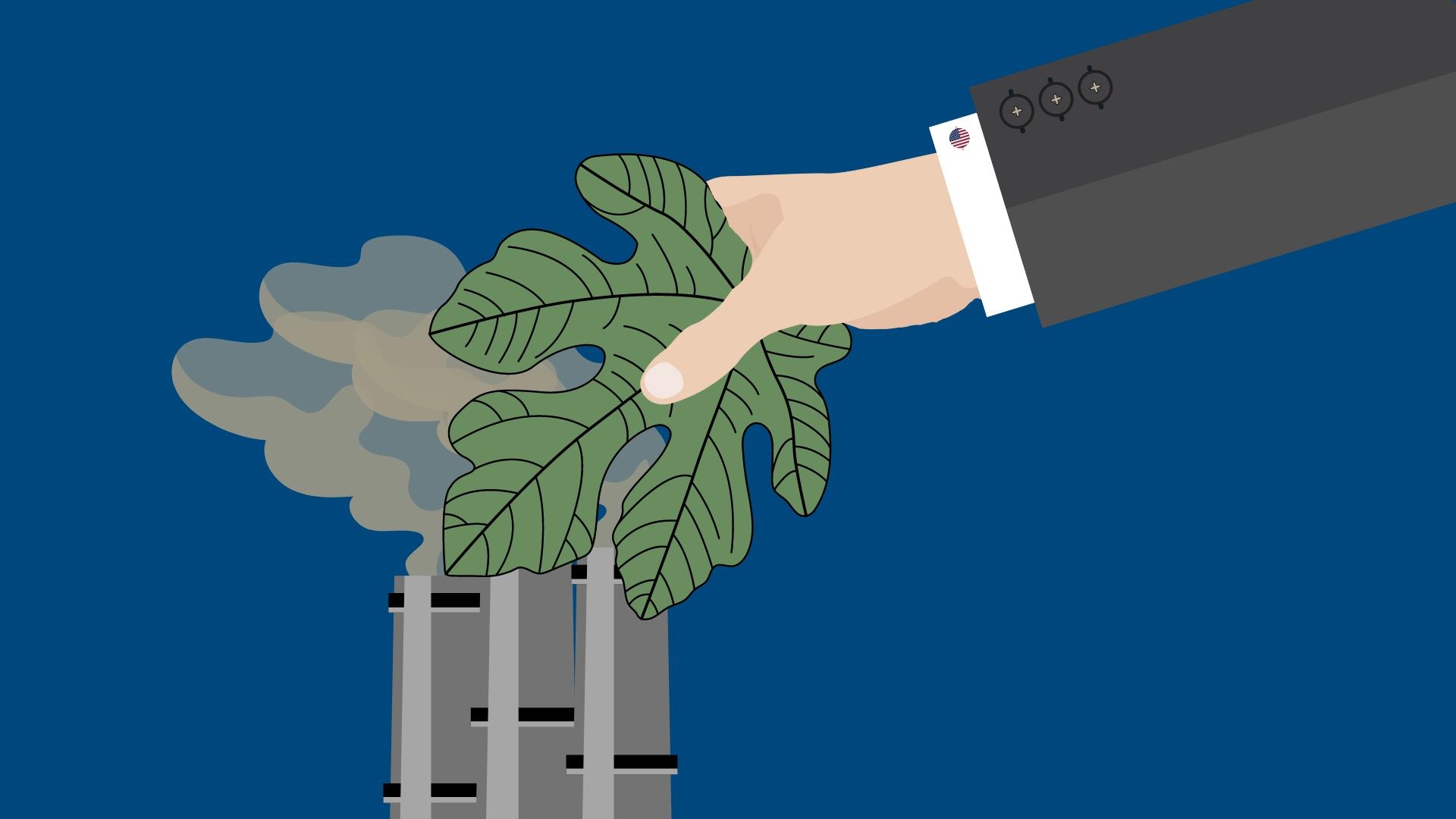 A hand with an American flag cuff link holds a fig leaf over the pollution from a smokestack