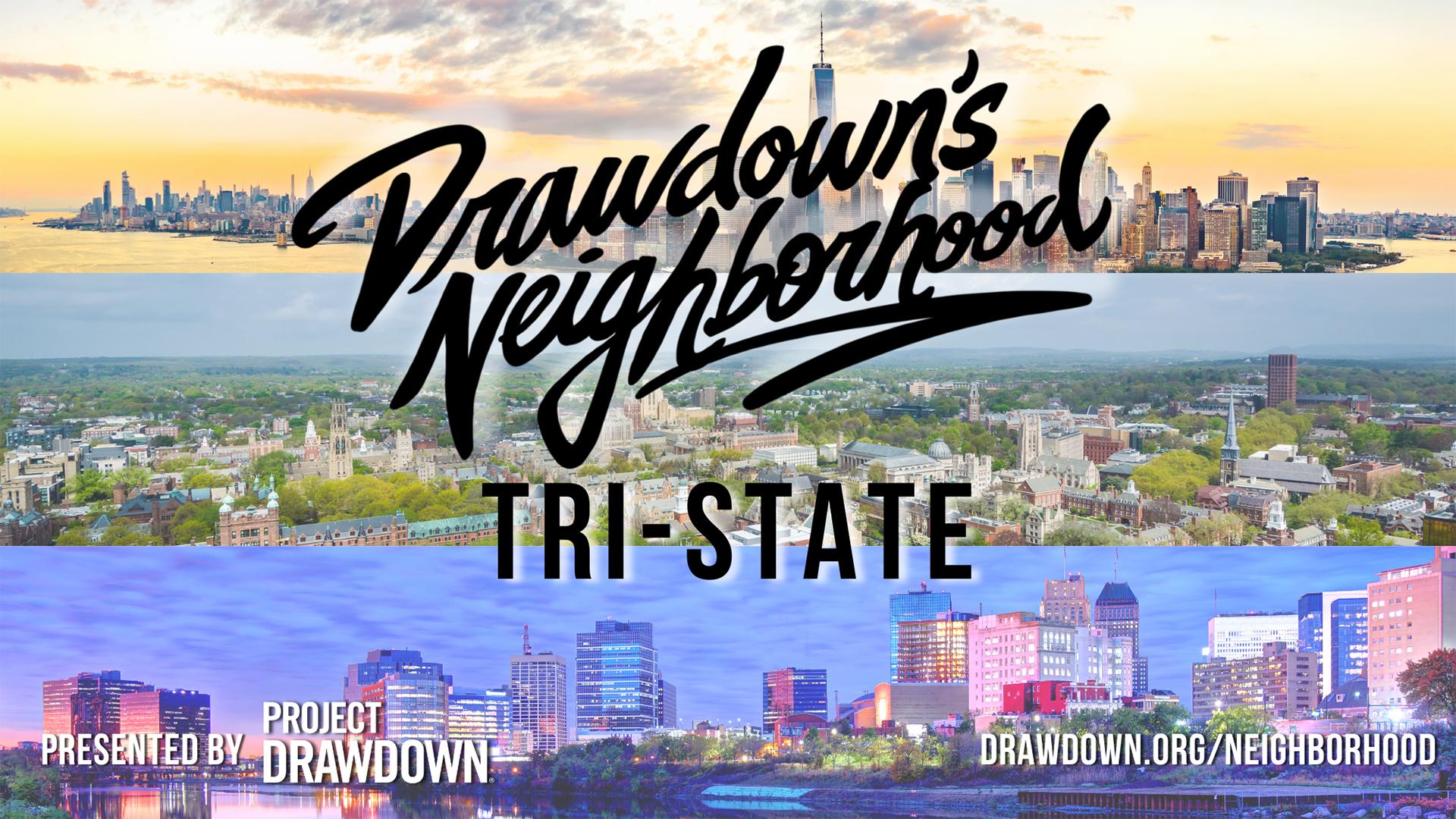 A graphic for Drawdown's Neighborhood: Tri-State featuring skylines of New York City, Newark, and New Haven
