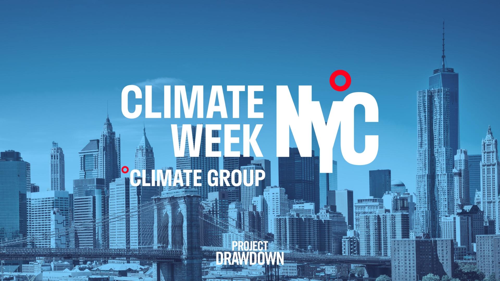An image of New York City with the Climate Week NYC logo and Project Drawdown logo overlaid