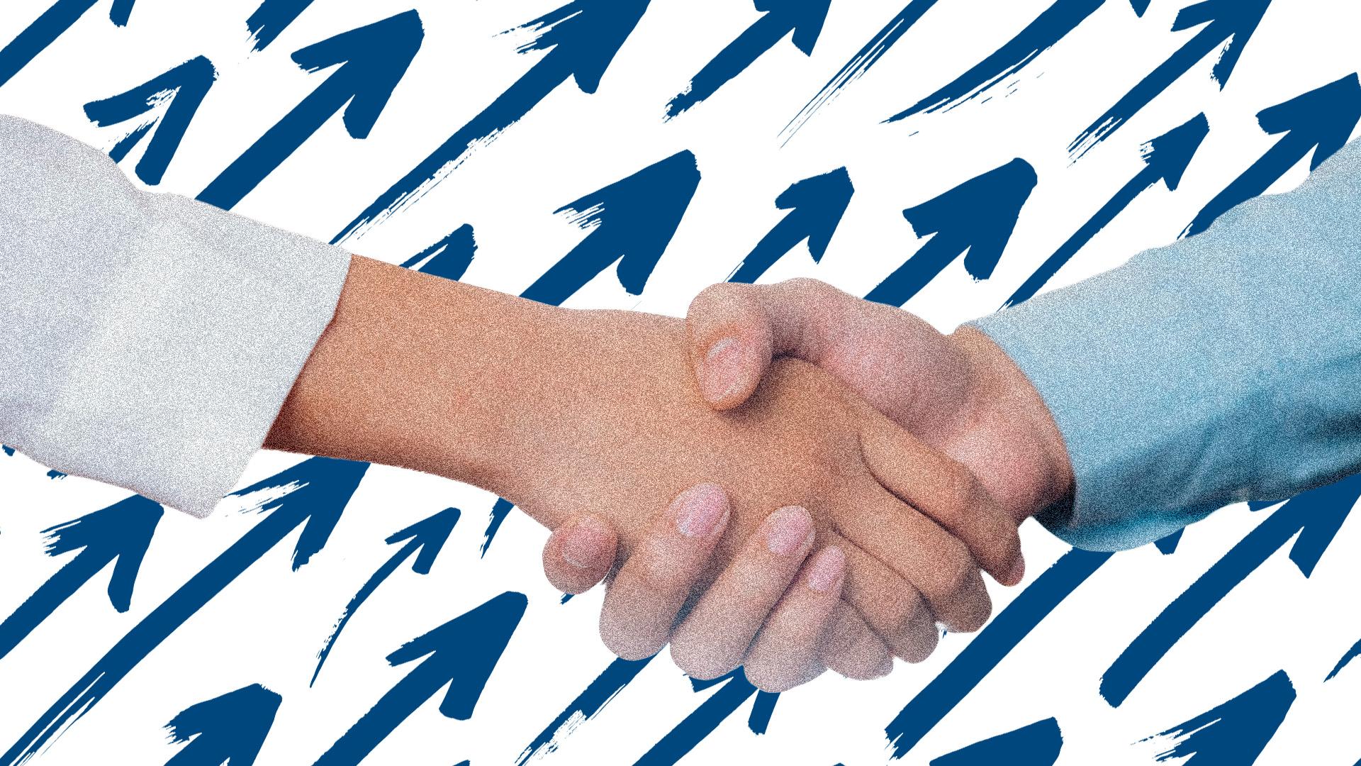 People shaking hands with a graphic of upward pointing blue arrows in the background