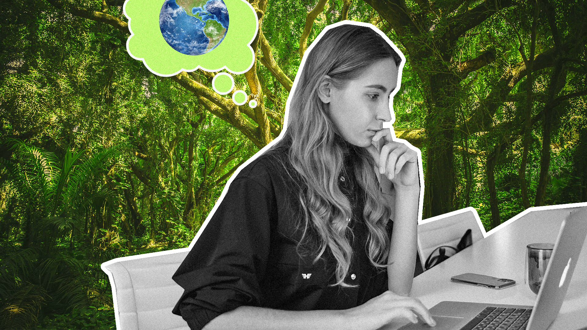 A woman applying for jobs with a thought bubble showing her thinking about the Earth