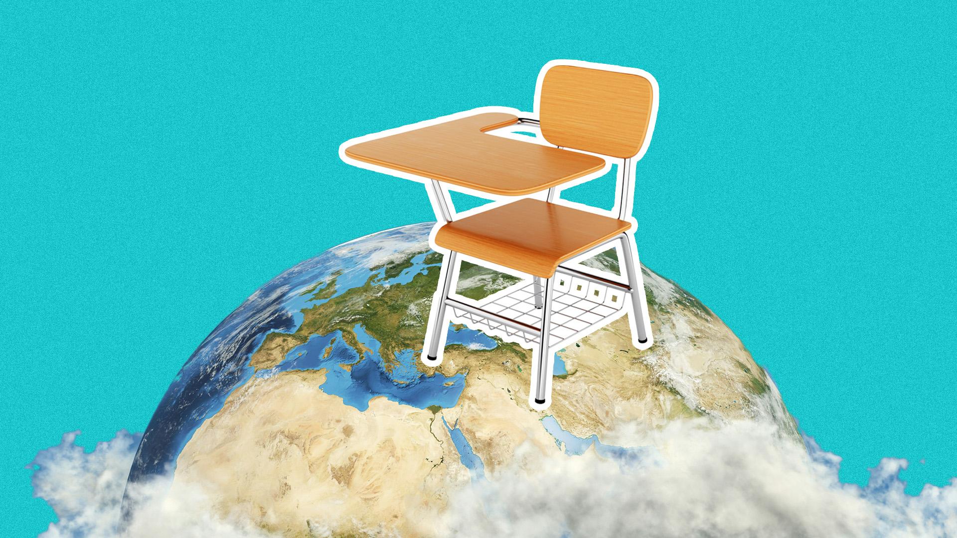 An image of a school desk on top of the Earth