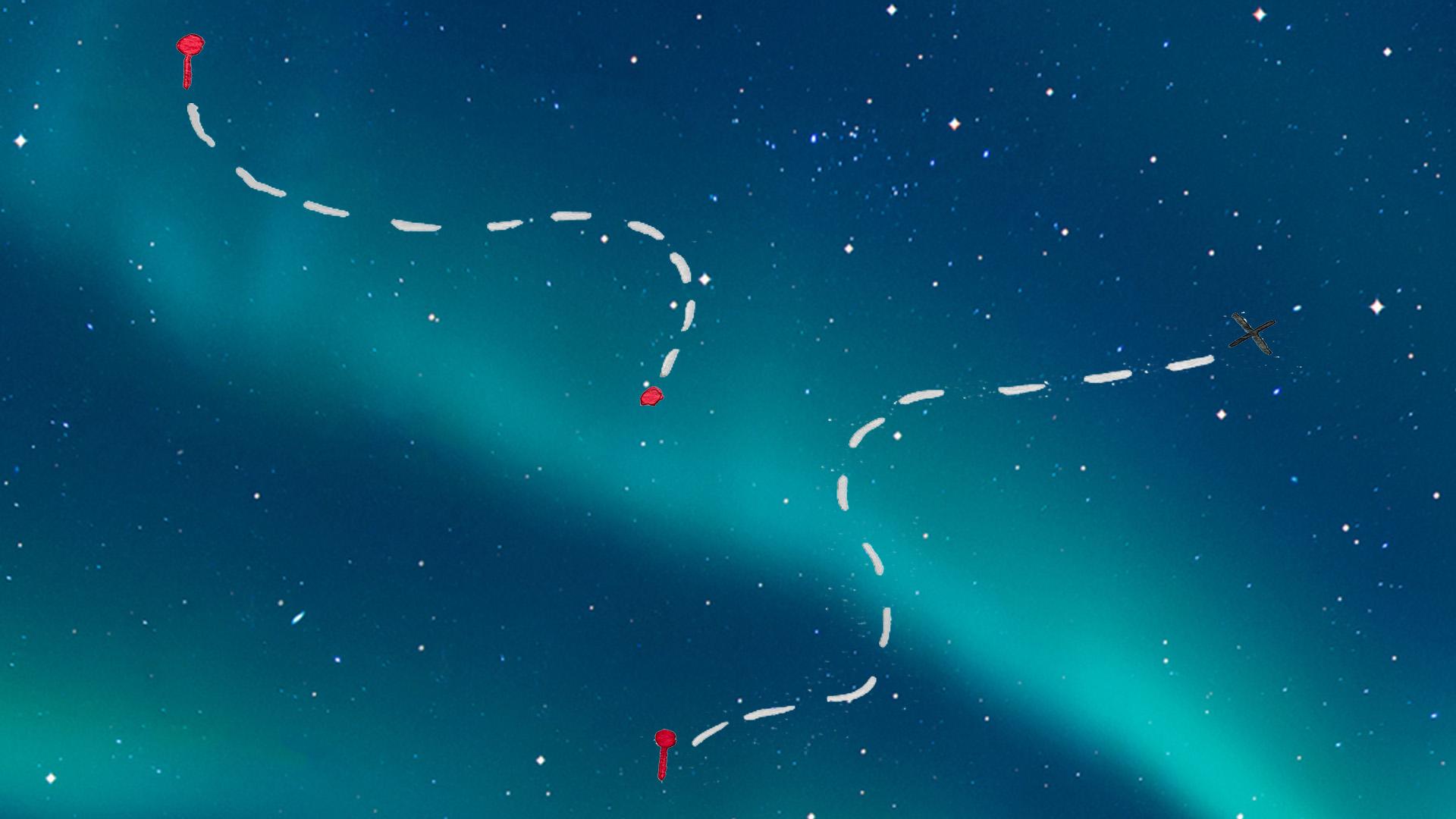 An image of an aurora borealis with a graphic of dashed lines across it