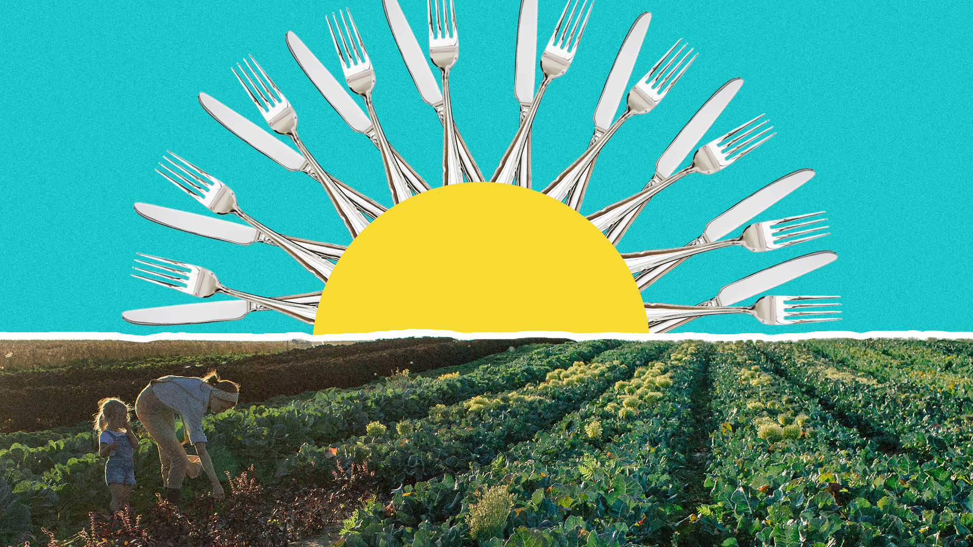 An image of the sun with forks and knives as sun rays. Two people are farming in the foreground.