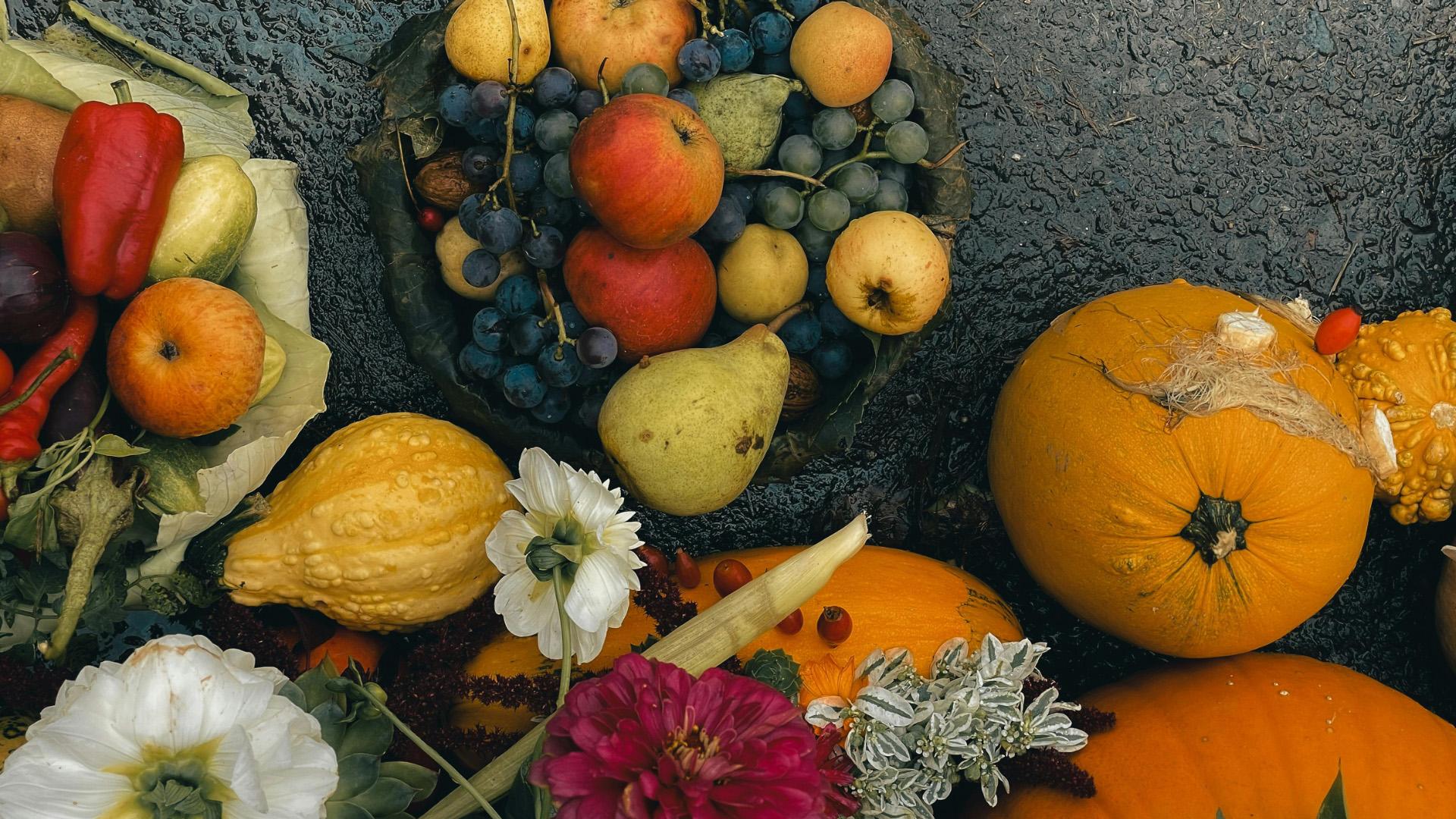 An image of a bountiful table featuring pumpkins, pears, squash, apples, berries, and more