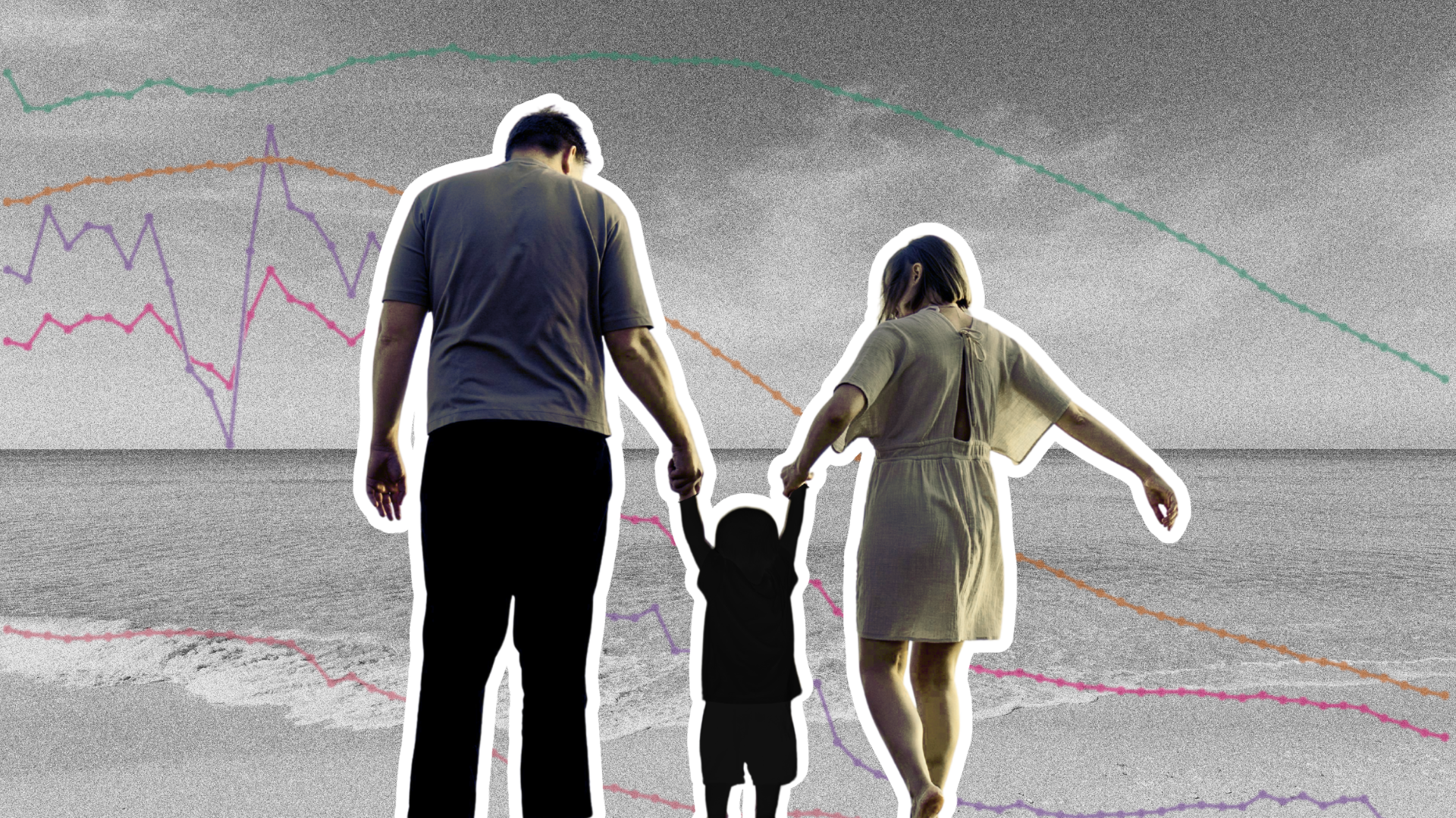 A graphic of a family on a beach with declining birth rate charts overlaid