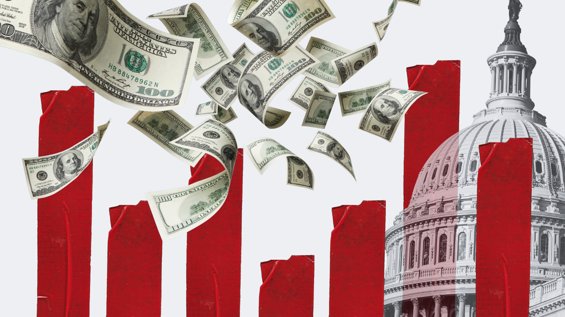 A graphic of the US capitol building with money raining down and red-and-white stripes in the foreground