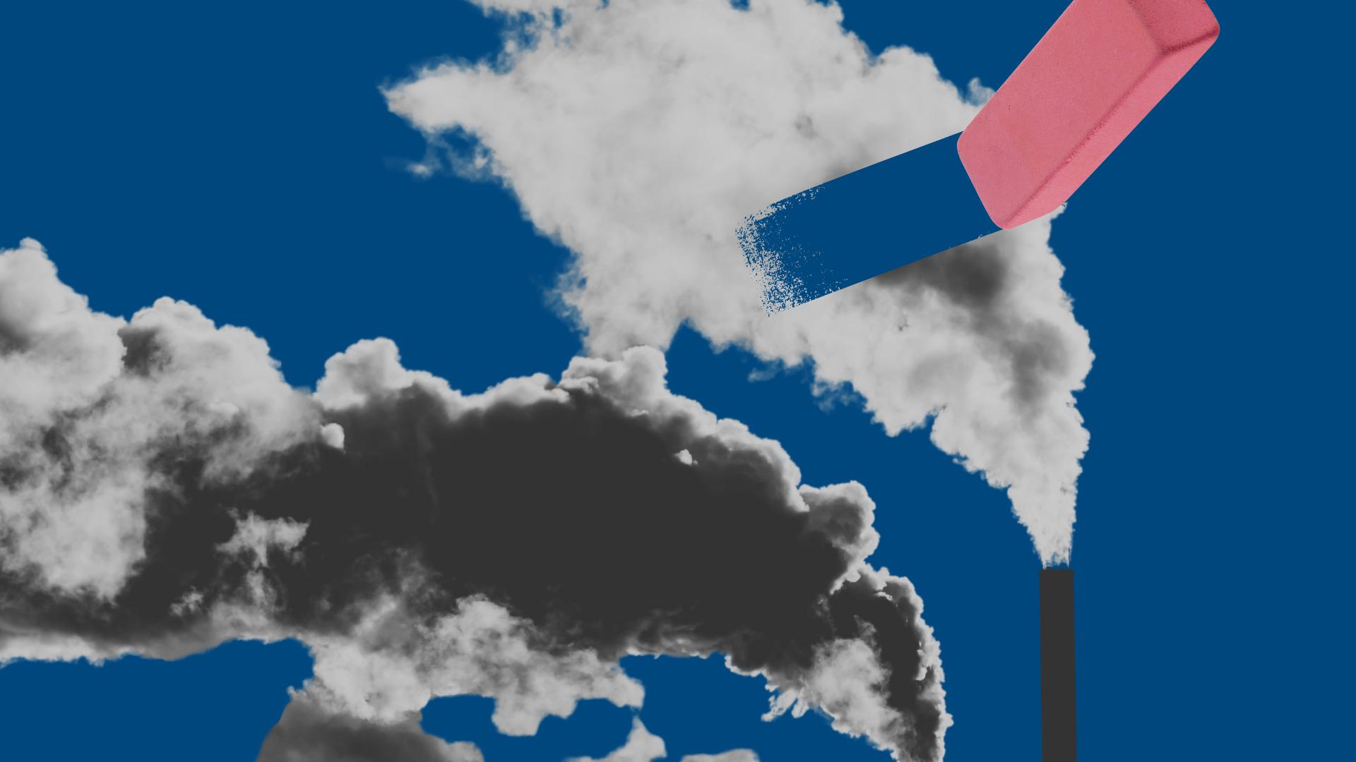 A graphic of a giant eraser trying to erase pollution from a smokestack
