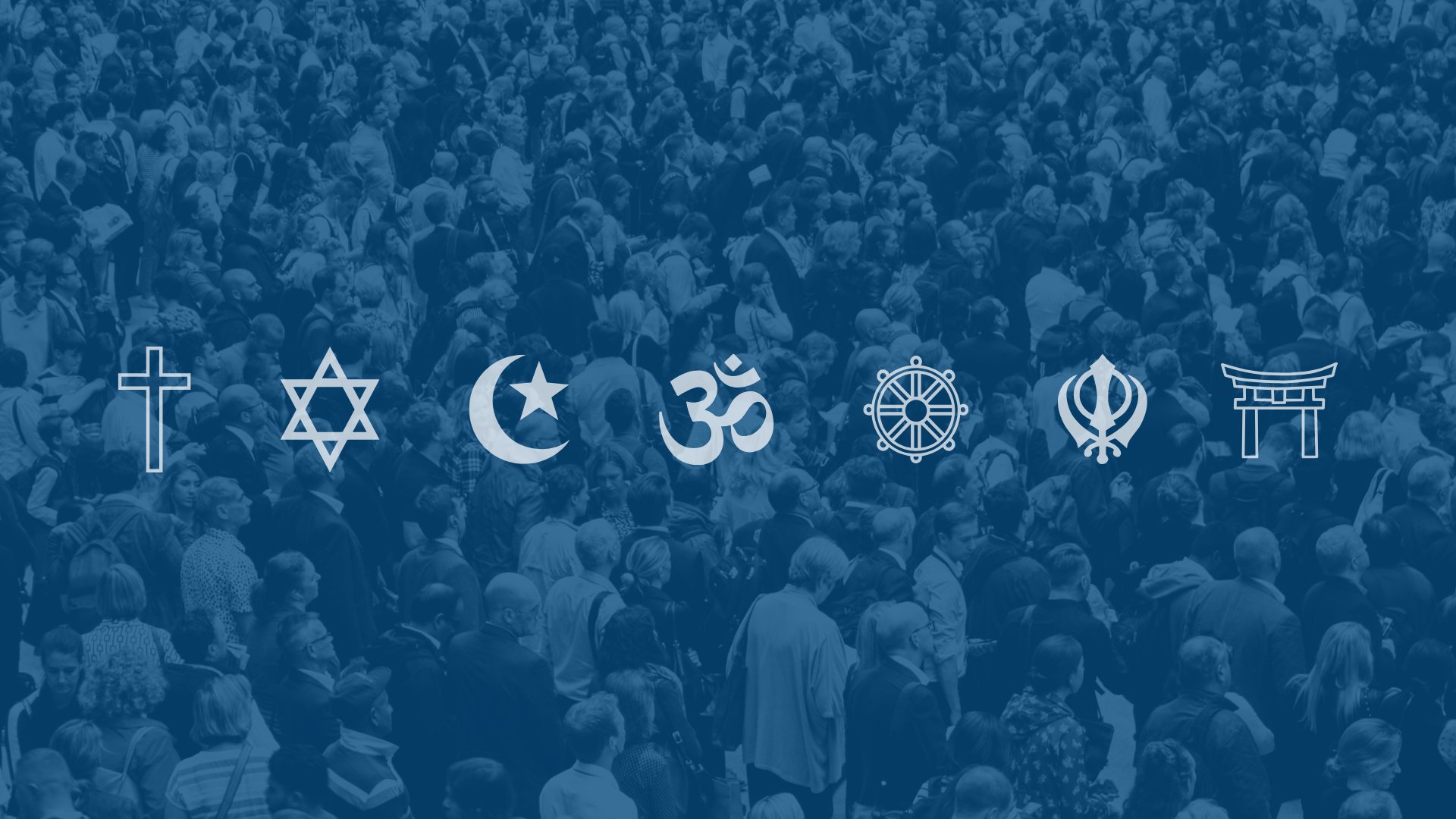 Religious symbols across a background of many people