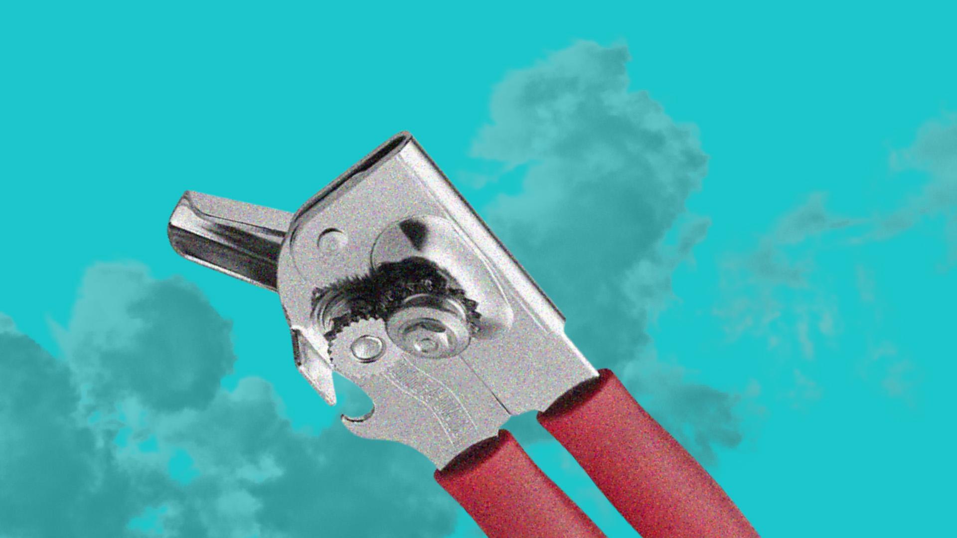 A graphic of a can opener over a blue-tinted image of clouds