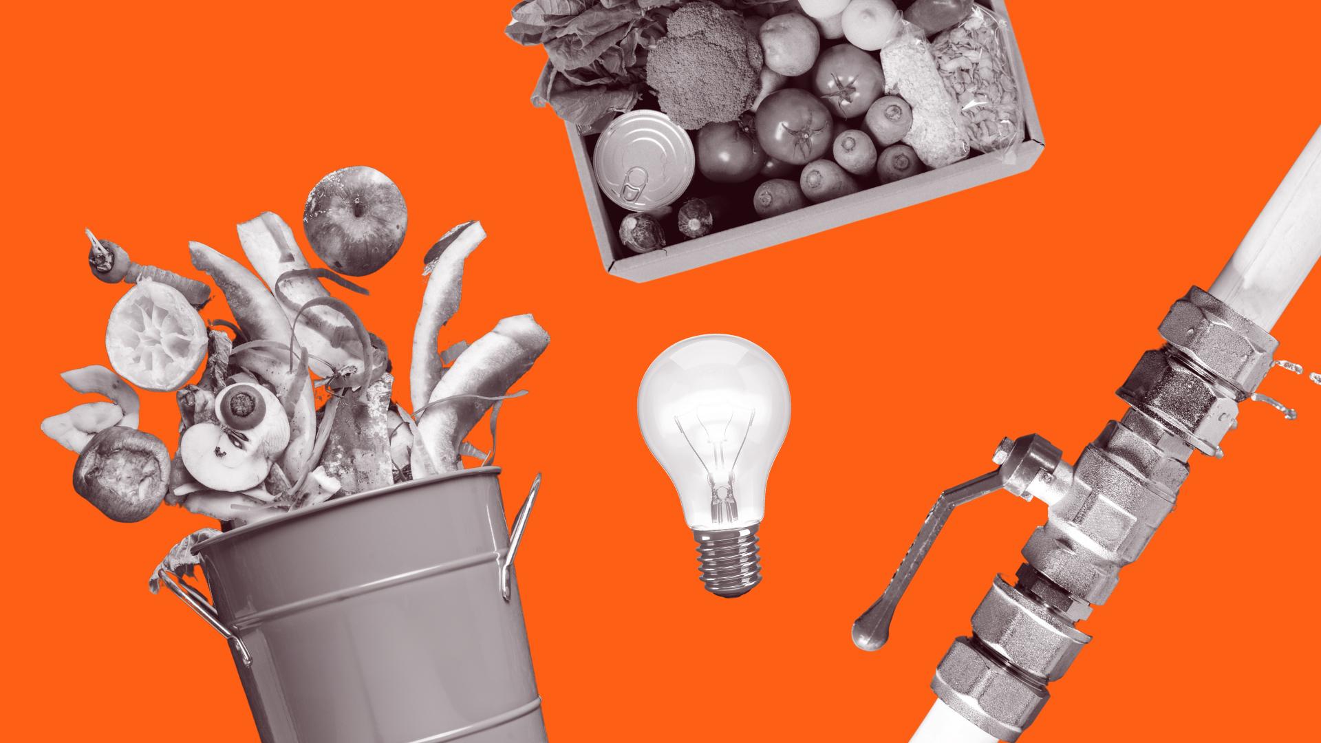 A graphic with an orange background and black-and-white images of a light bulb, water pipe connection, basket of vegetables, and a rubbish bin with rotting food