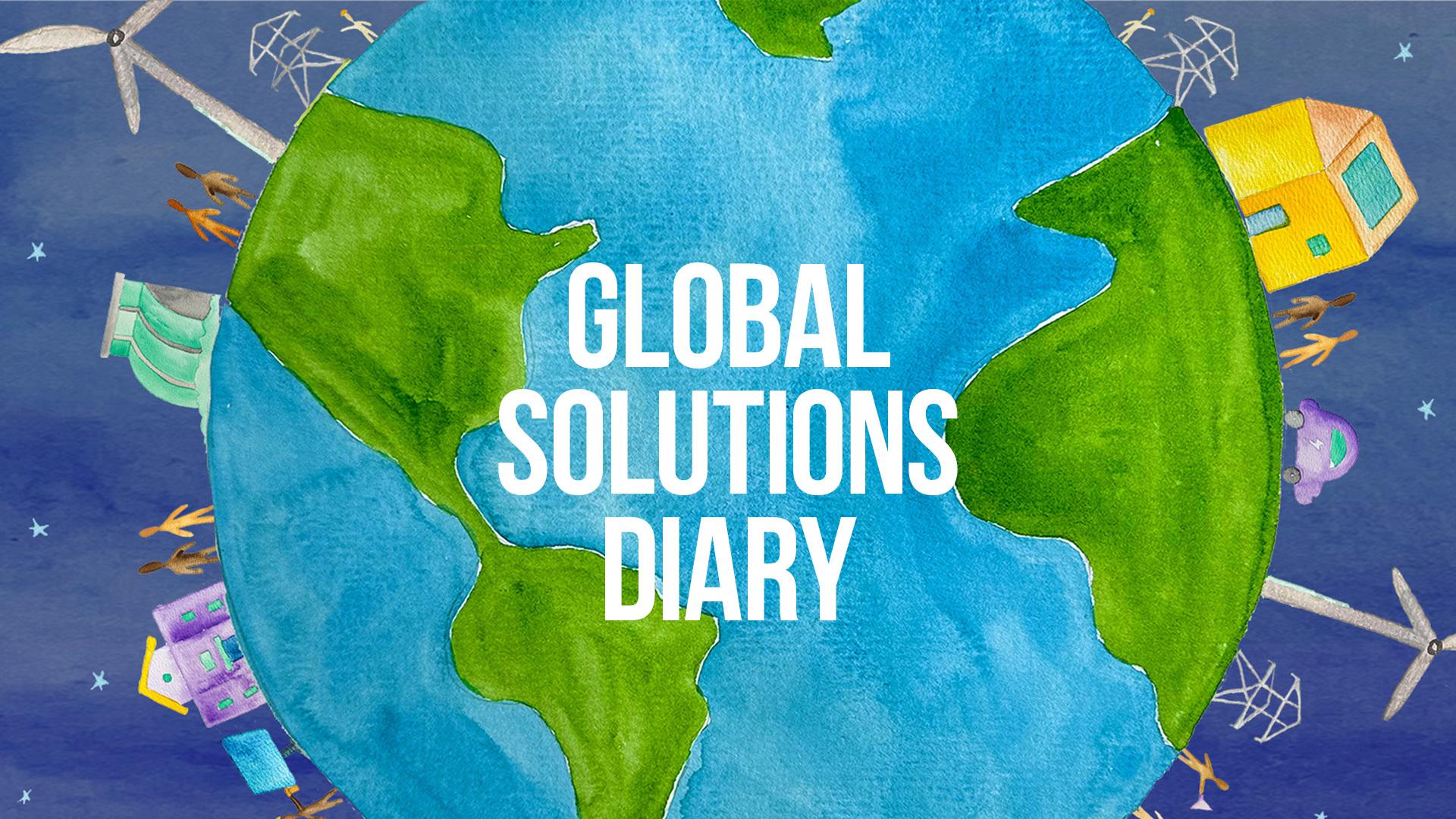 A watercolor of the Earth with Global Solutions Diary in the foreground