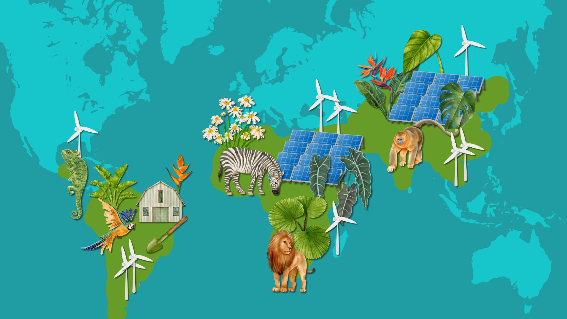 A map of the world with nature, development, and renewable technologies spilling our of low- and middle-income countries