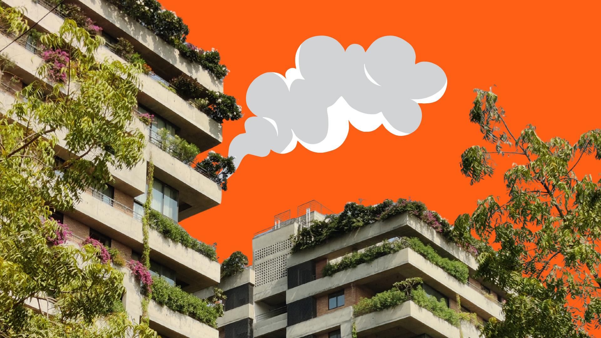 An image of buildings covered in greenery with a graphic of a cloud spilling from the top