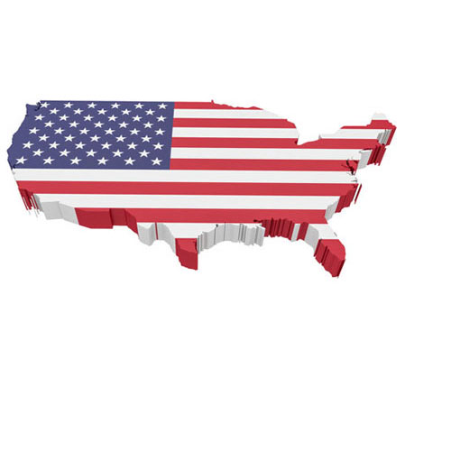 map shape of United States with flag